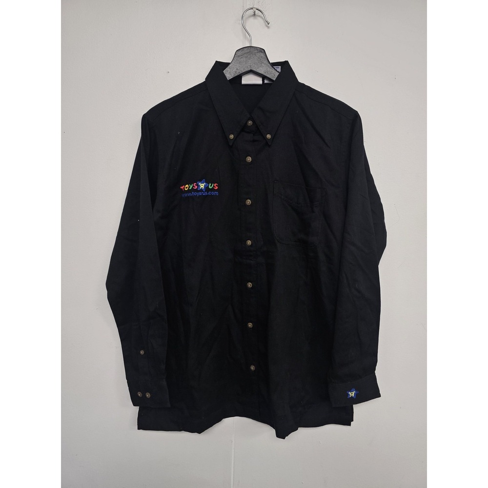 Toys R Us Shirt Mens Medium Black‎ Twill Long Sleeve Button Up Embroidered Logo